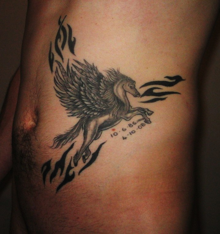 Black Ink Tribal Design With Pegasus Tattoo On Side Rib