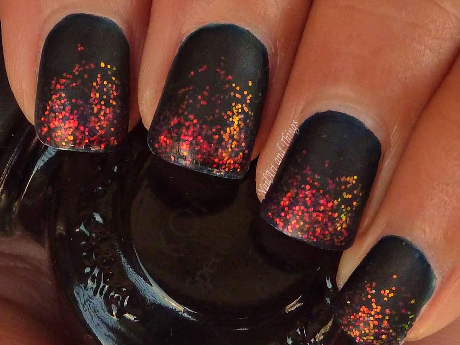 Black Matte Nails With Red And Gold Glitter Nail Art