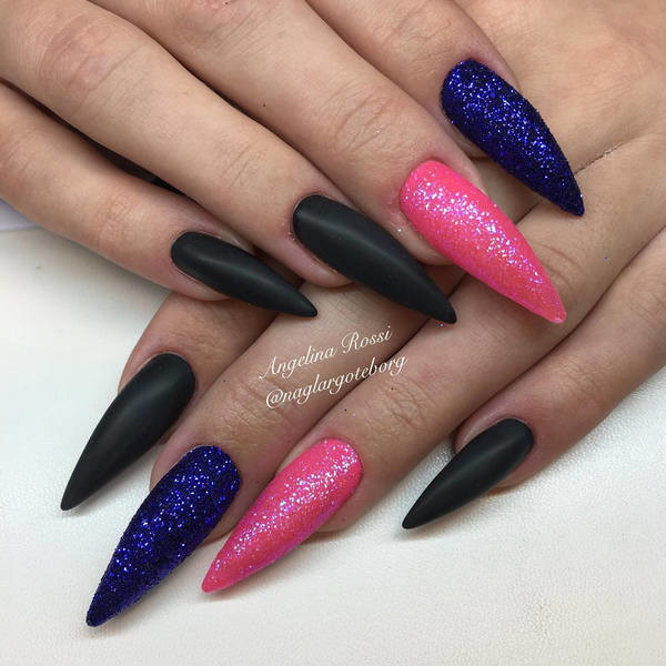 Black Matte Stiletto Nail Art With Purple And Pink Glitter Nail Designs