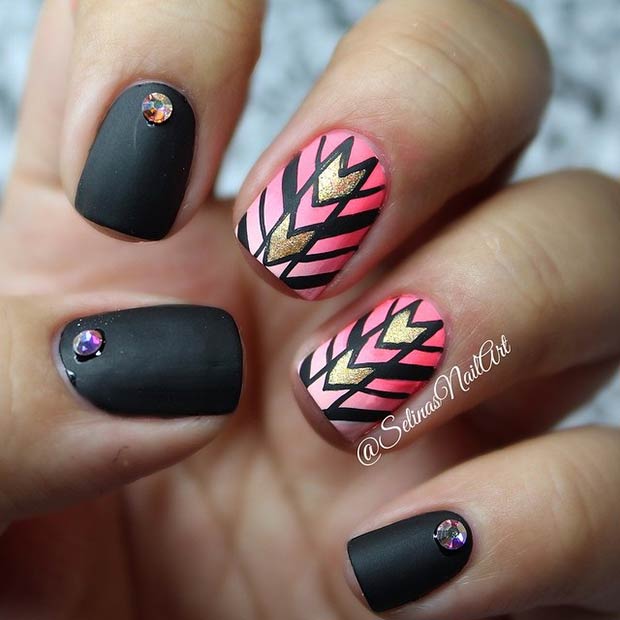 Black Matte With Pink And Gold Tribal Nail Art