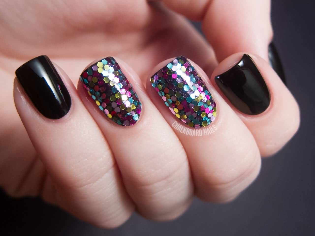 Black Nails And Colorful Hexagon Glitter Nail Art