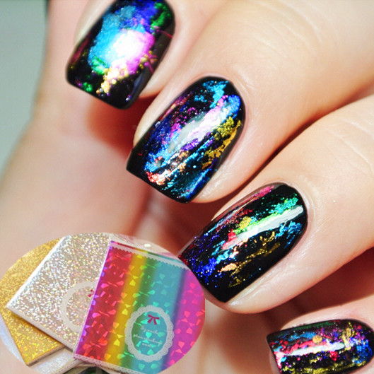 Black Nails With Colorful Holographic Nail Art