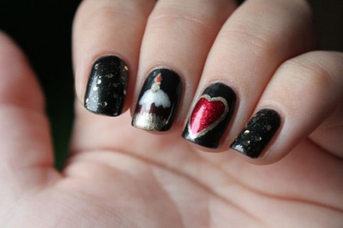 Black Nails With Cupcake And Red Heart Birthday Nail Art