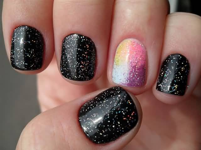 Black Nails With Glitter And Accent Glitter Nail Art