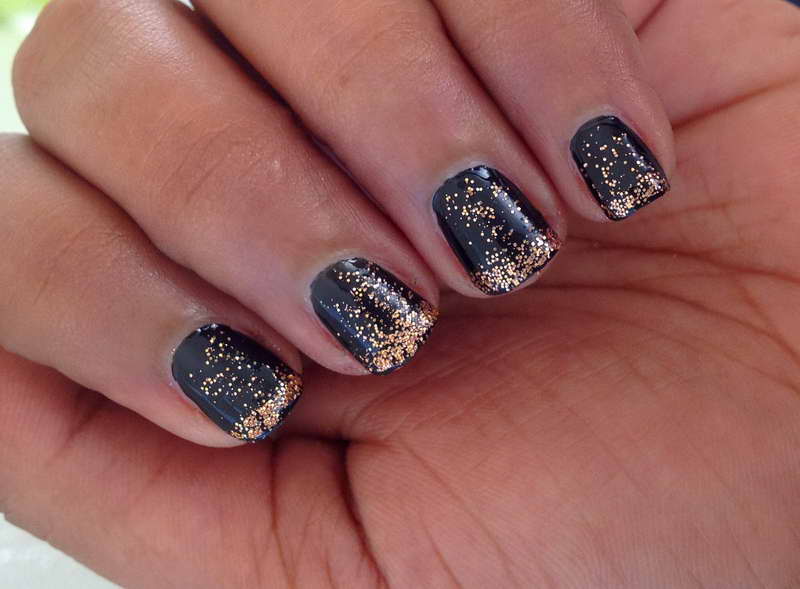Black Nails With Gold Glitter Nail Art Design Idea