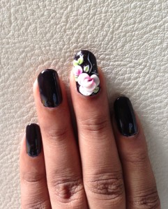 Black Nails With Pink 3D Rose Flower Nail Art