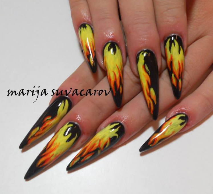 Black Nails With Yellow And Orange Flame Design Stiletto Nail Art