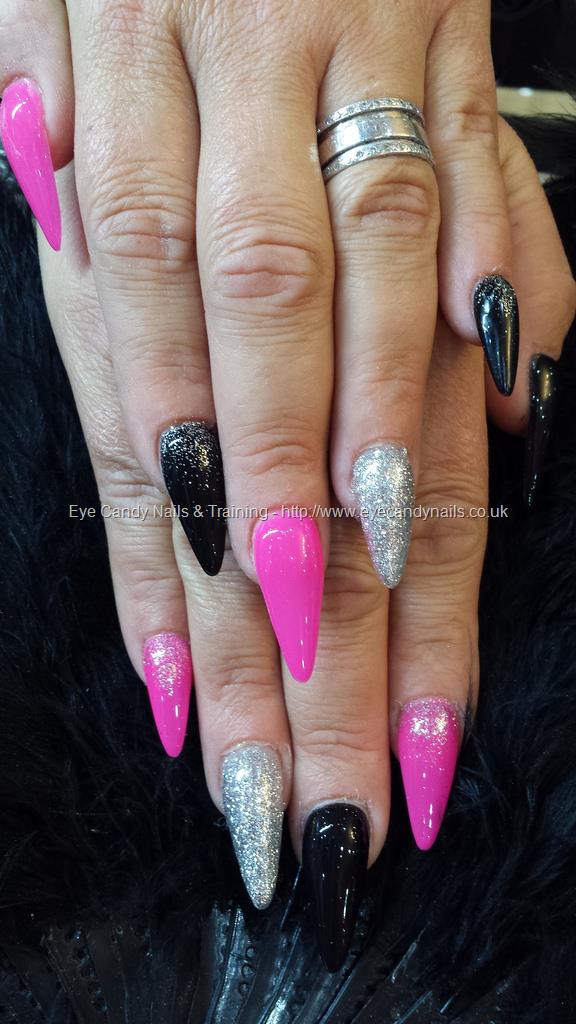 Black Pink And Silver Gel Stiletto Nail Art