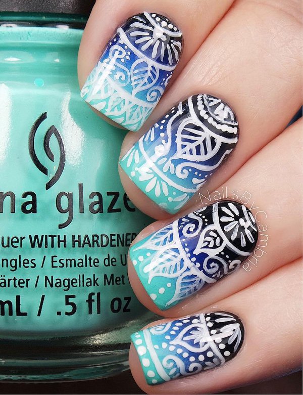 Black Purple And Blue Ombre With White Tribal Design Nail Art