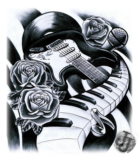 Black Rose And Piano Keys With Guitar Tattoo Design