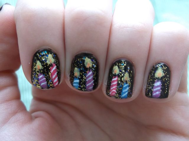 Black Sparkle Nails With Birthday Candles Nail Art Design