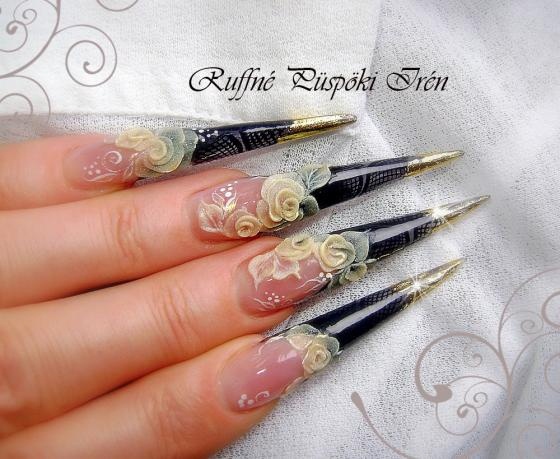Black Stiletto Nail Art With Gold 3D Flowers Nail Design