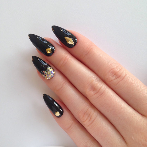 Black Stiletto Nail Art With Gold Caviar Beads Design Idea