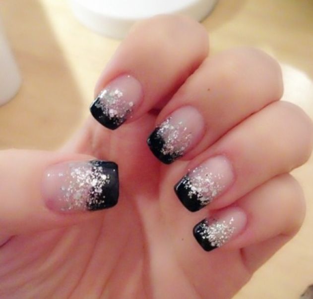 Black Tip And Silver Glitter Nail Art