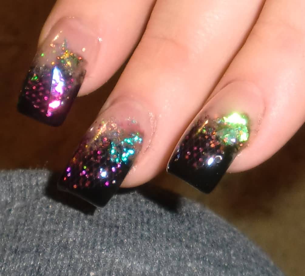 Black Tip Nails With Colorful Glitter Nail Art Design Idea
