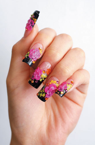 Black Tip Nails With Pink 3D Flowers Nail Art
