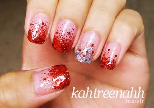 Bloody Red And Silver Glitter French Tip Nail Art