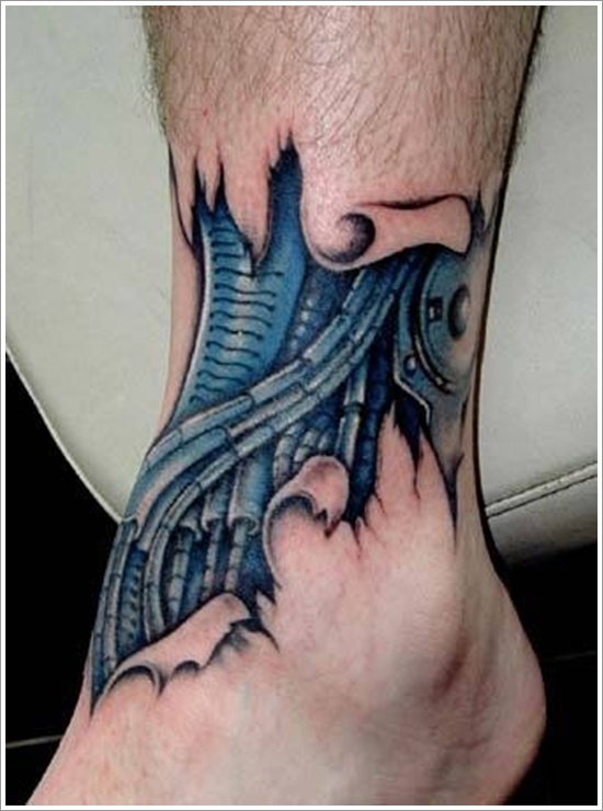 Blue 3D Mechanical Tattoo On Ankle