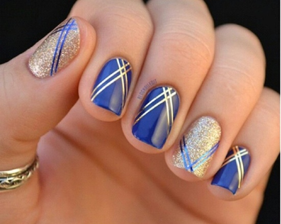Blue And Gold Nail Art Idea Design