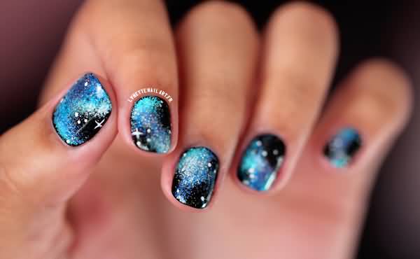 Blue And Black Gel Galaxy Nail Art