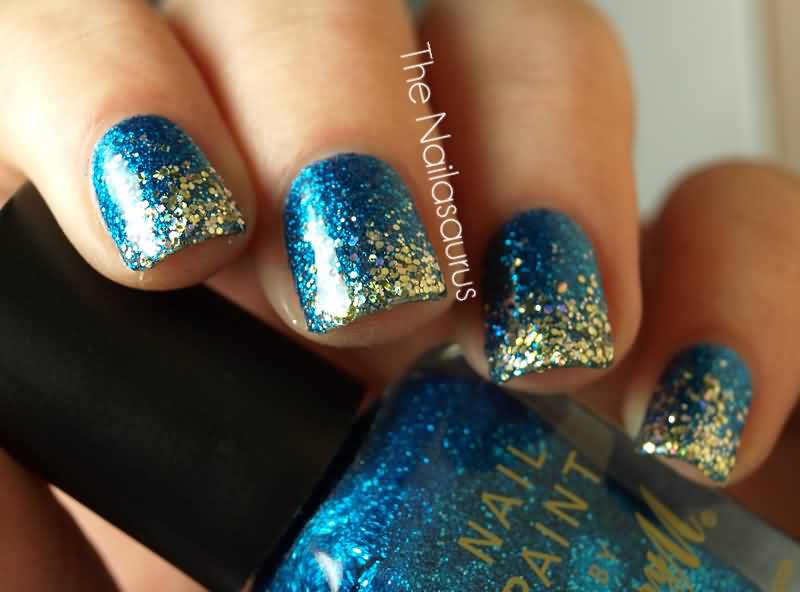Blue And Gold Glitter Nail Art Design Idea