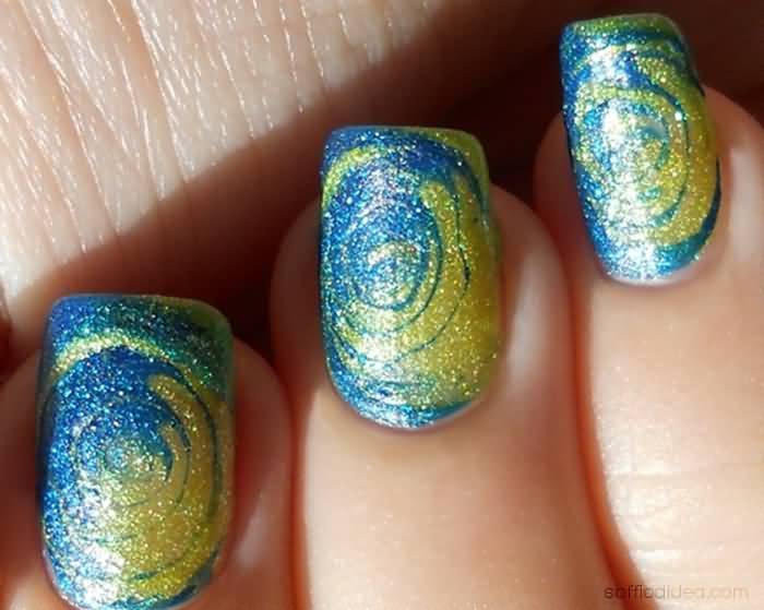 Blue And Gold Glitter Spiral Design Nail Art