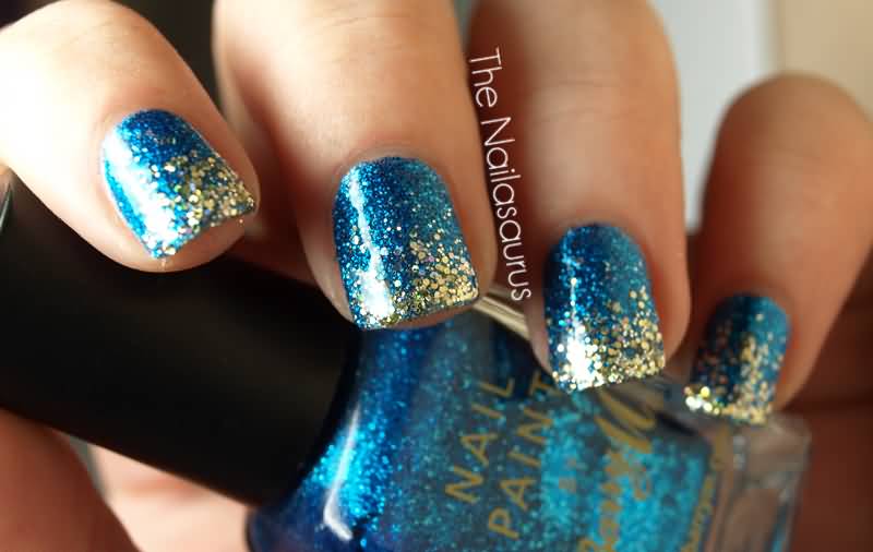Blue And Golden Glitter Nail Art Design Idea