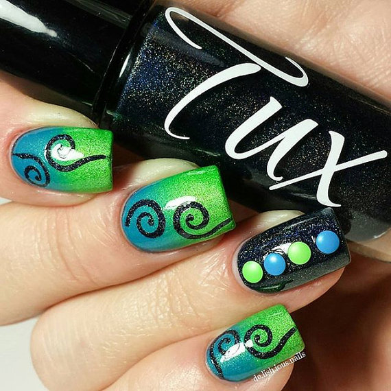 Blue And Green Nails With Black Spiral Design Nail Art
