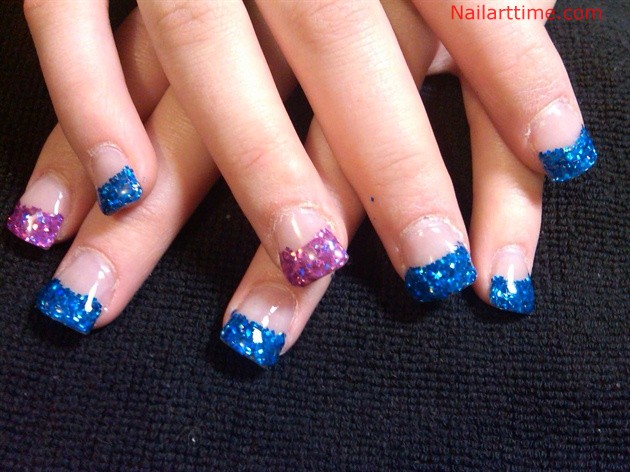 Blue And Pink Glitter Tip Nail Art