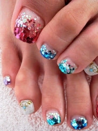 Blue And Pink Glitter Toe Nail Art Design Idea