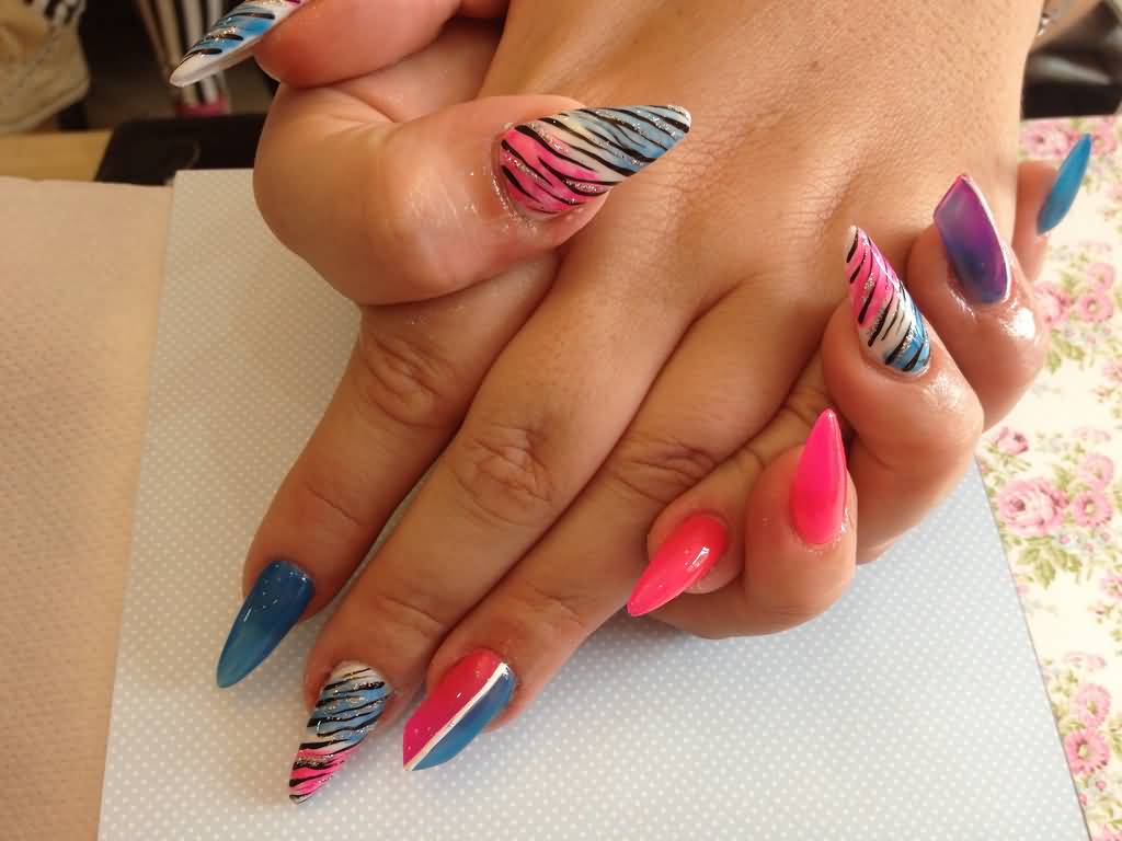 Blue And Pink Zebra Print Stiletto Nail Art