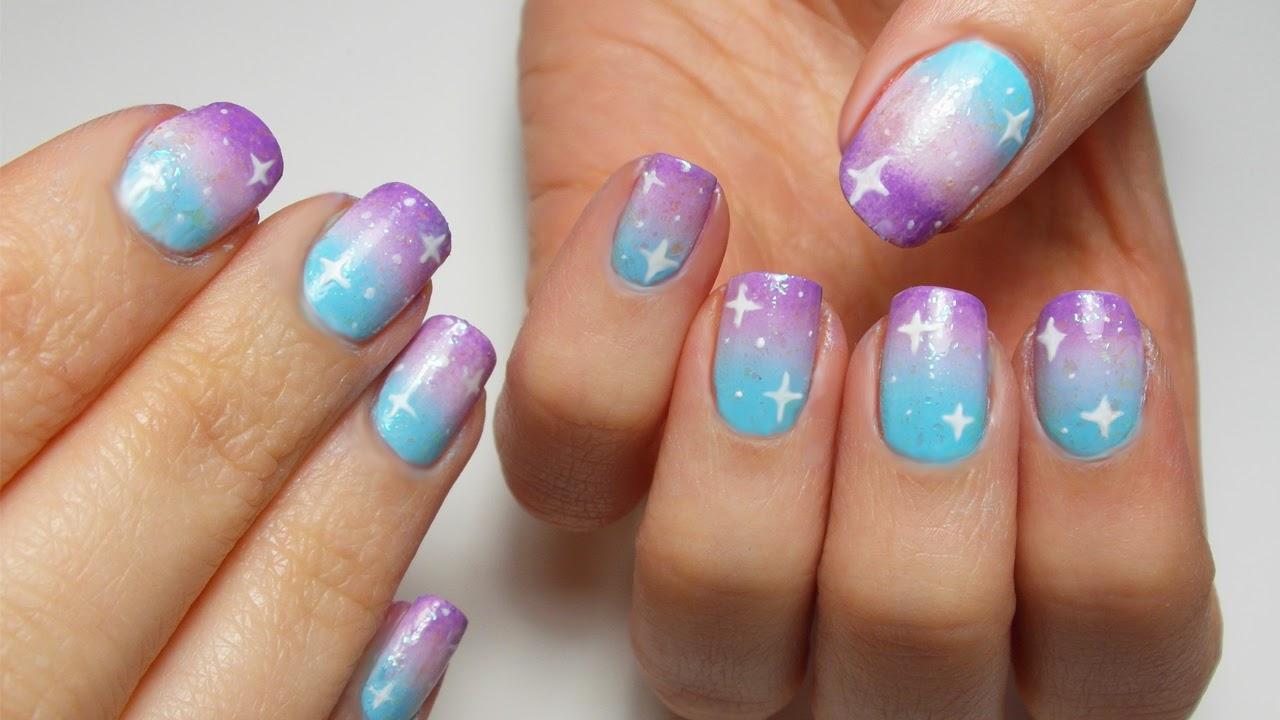 Blue And Purple Ombre Galaxy Nail Art Design Idea