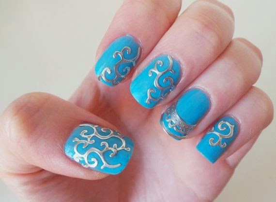 Blue And Silver 3D Sticker Nail Design