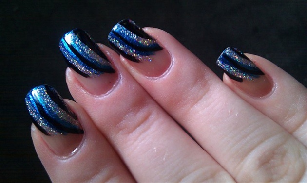 Blue And Silver Glitter Stripes Design Nail Art