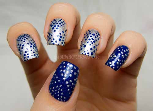 Blue And Silver Polka Dots Nail Art Design Idea