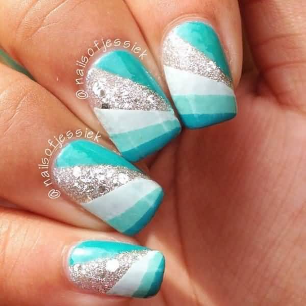 Blue And Silver Rays Design Nail Art