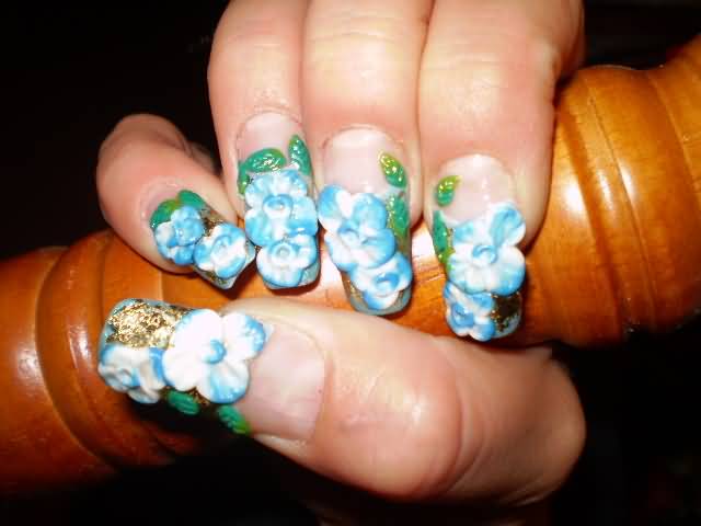 Blue And White 3D Flowers Nail Art