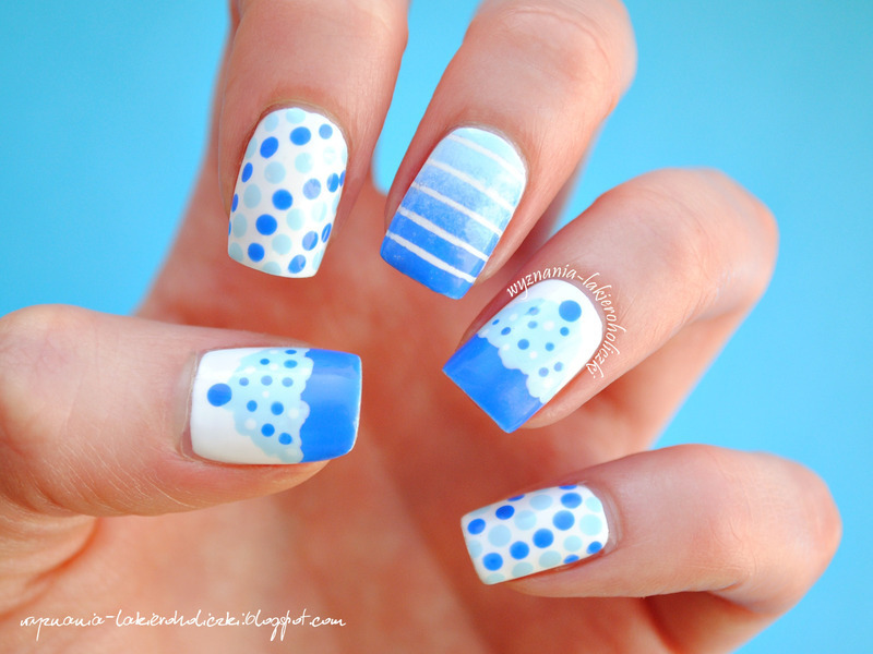 Blue And White Cupcakes And Polka Dots Birthday Nail Art