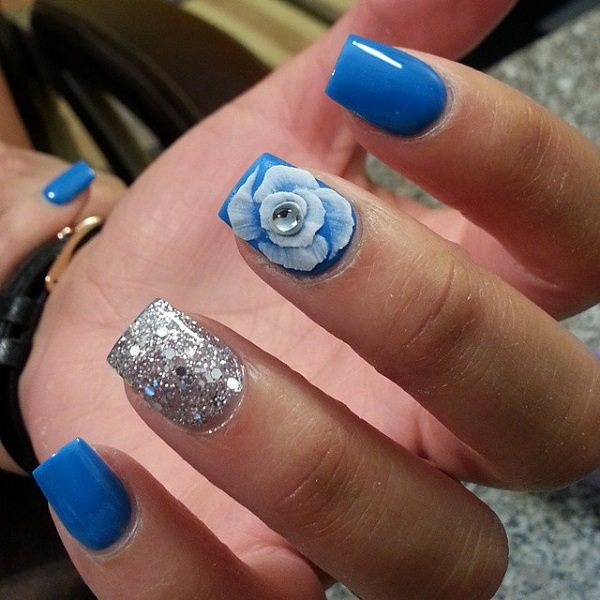 Blue And White Floral Design With Accent Silver Nail Art