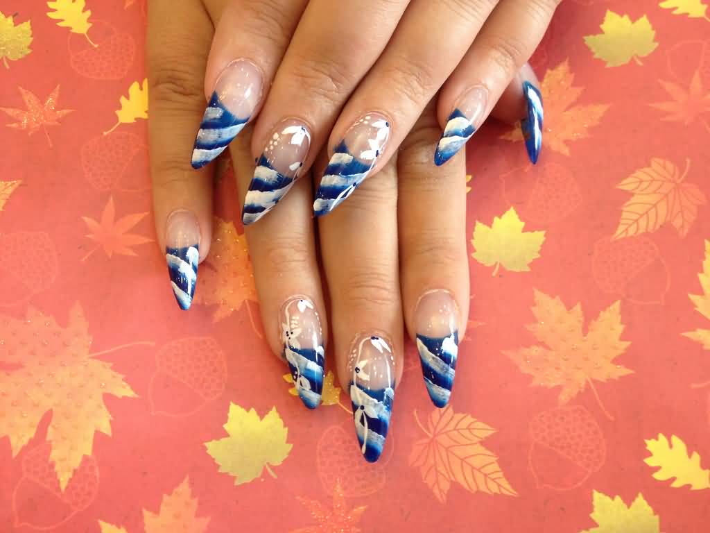 Blue And White Stripes Design Stiletto Nail Art