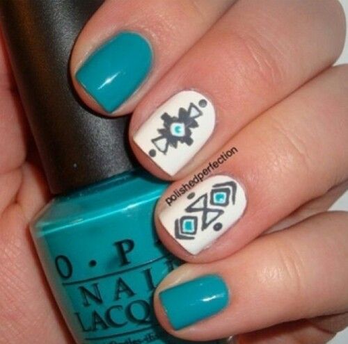 Blue And White Tribal Nail Design Idea For Girls