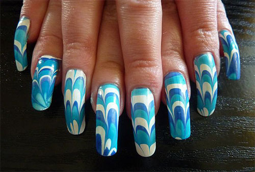 Blue And White Water Marble Nail Art Design