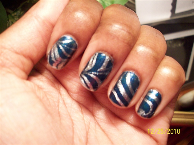 Blue Base Nails With Silver Stripes Design Nail Art