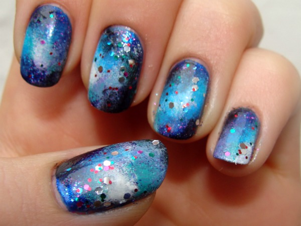 Blue Black And White Glitter Galaxy Nail Art
