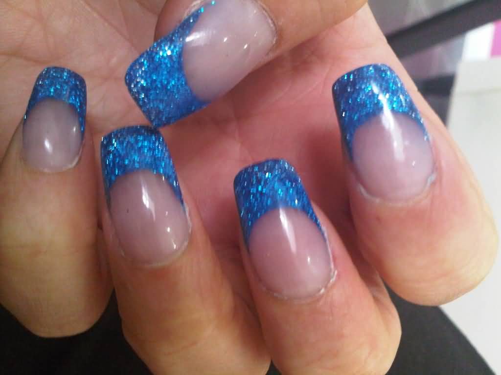 Blue Glitter French Tip Nail Design Idea