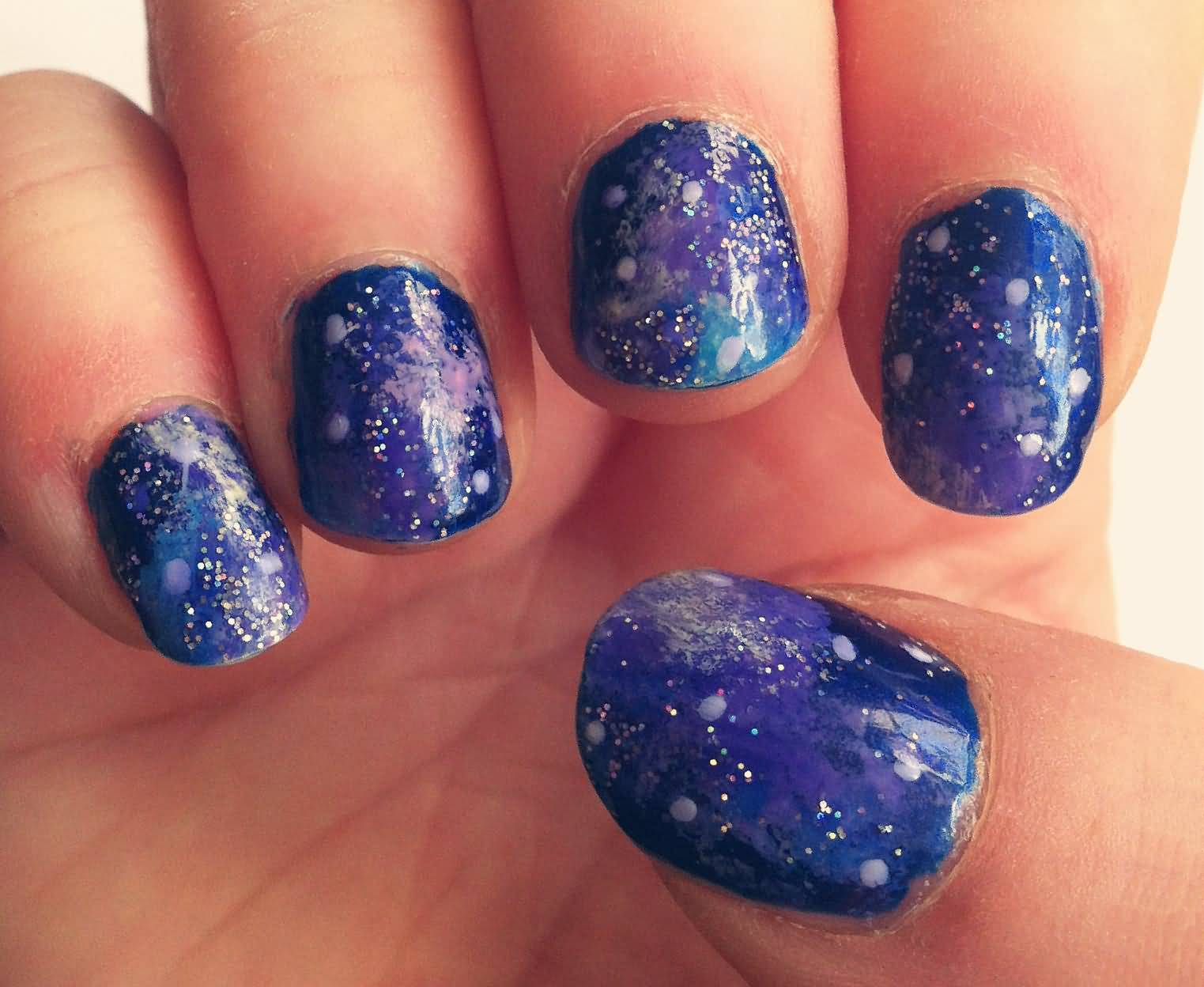 Blue Glitter Galaxy Nail Art