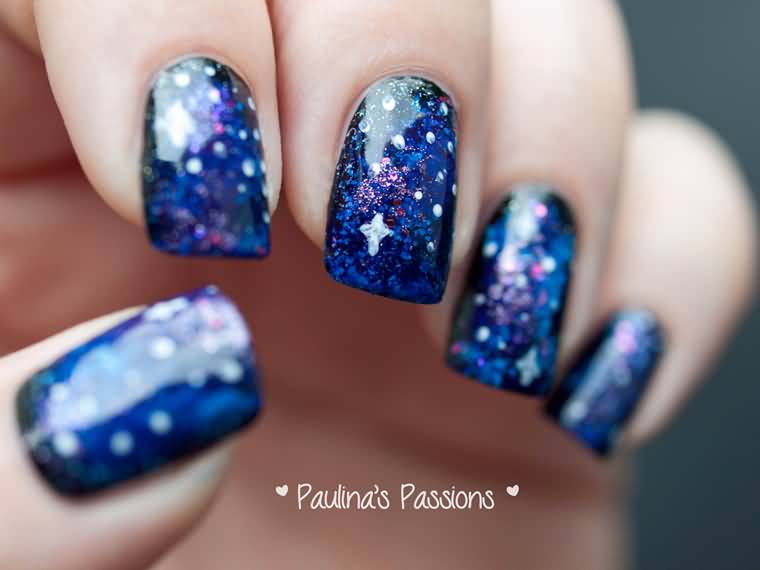 Blue Glitter Gel Galaxy Nails Design Idea