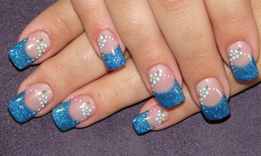 Blue Glitter Gel Nails With Flowers Design