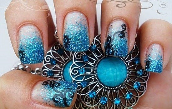 Blue Glitter Nail Art With Black Lace Design Idea
