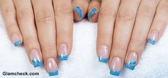 Blue Glitter Tip Nail Design